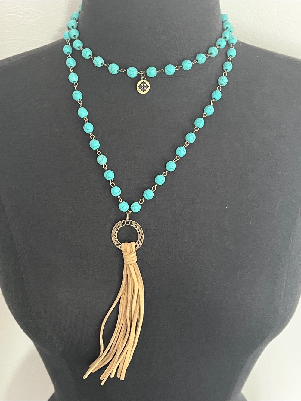 JM Collection Turquoise Beaded Layered Necklace with Gold Ring and Tan Tassel